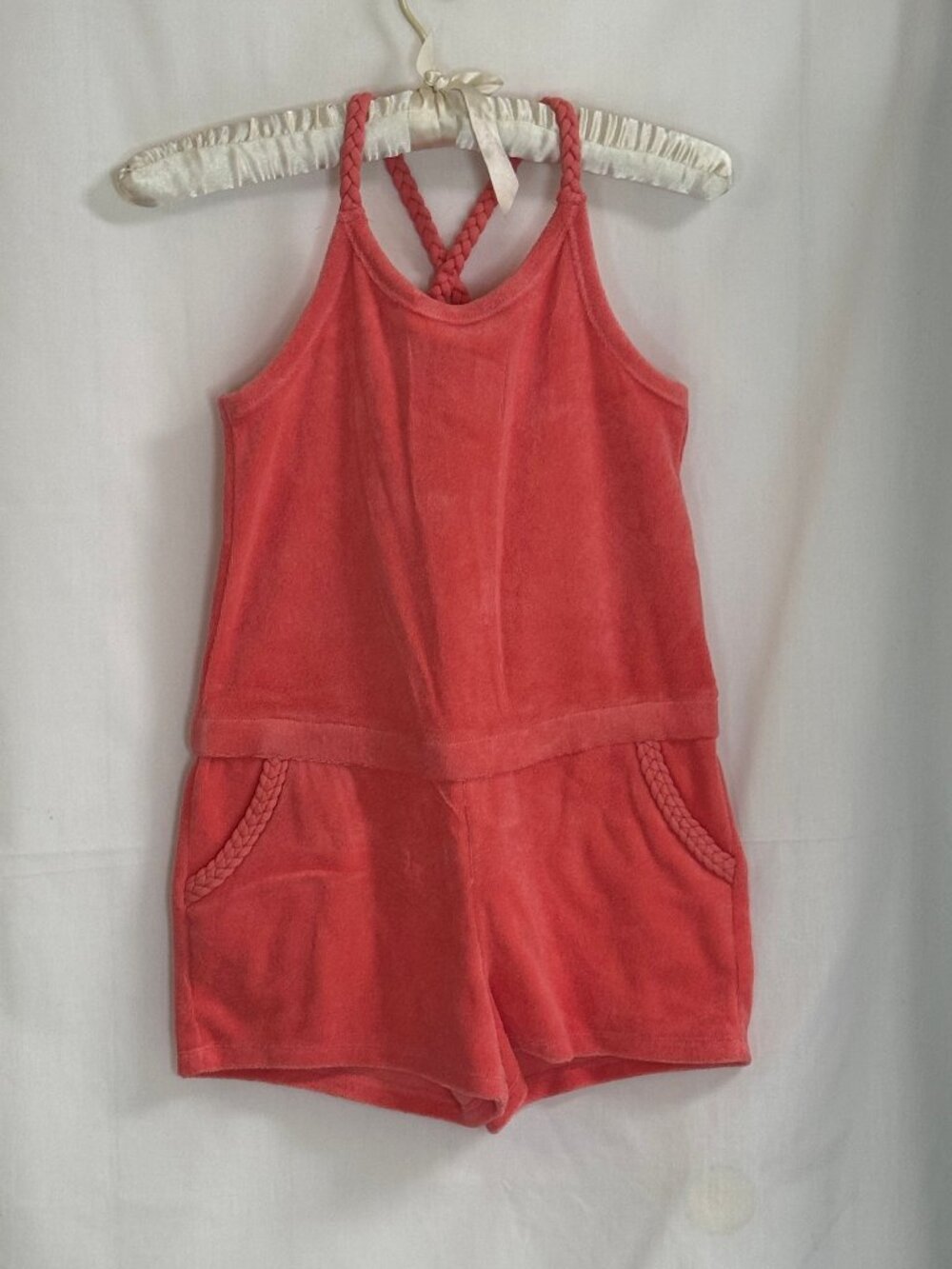 NWT Juicy Couture Girl's Halter Braid Back Terry Romper - Spiked Coral - Size 10